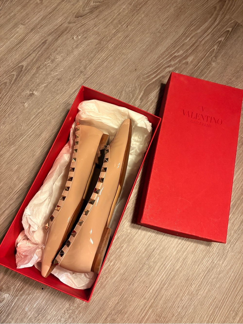 Valentino Nude/Poudre Patent Rockstud Pointed Ballet Flats